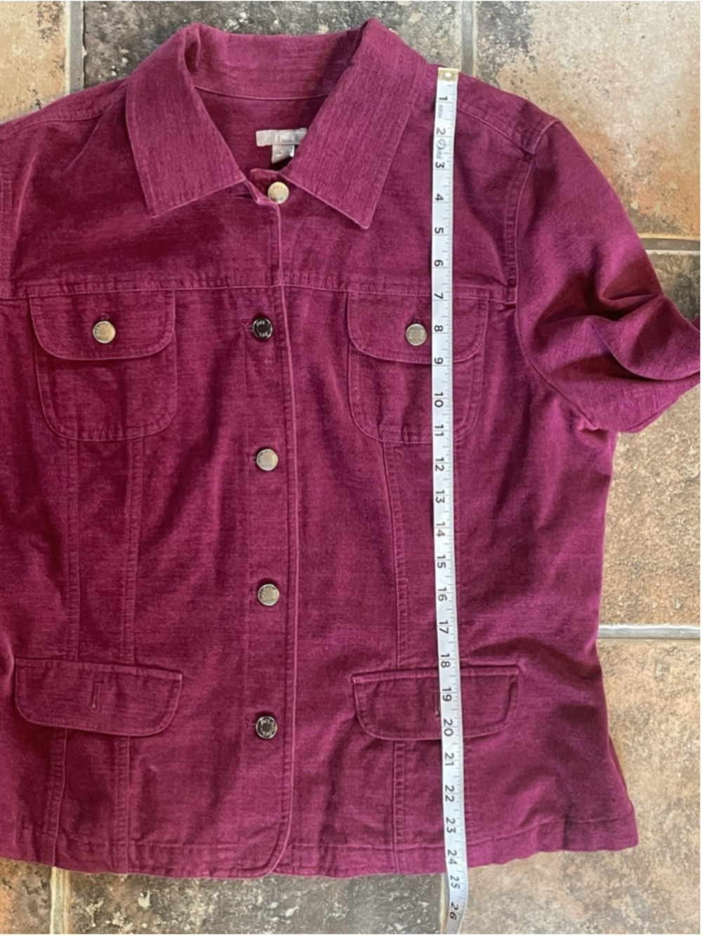 J JILL Burgundy Velvet Button Down Jacket Pockets Size L - Picture 7 of 8